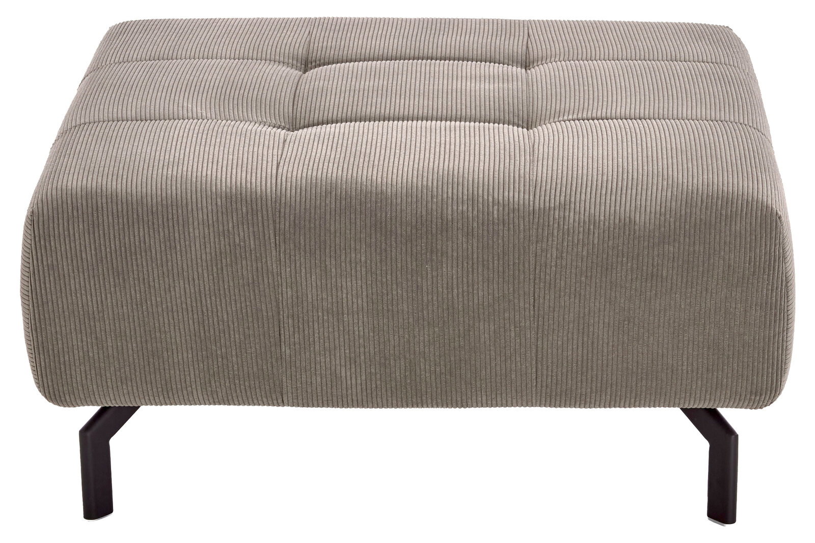 Beldomo Style XL-Hocker ZELL Grauer, gepolsterter Hocker mit Cordbezug, quadratischer Steppung und schwarzen Metallbeinen, Frontansicht leicht von oben freigestellt auf weißem Hintergrund