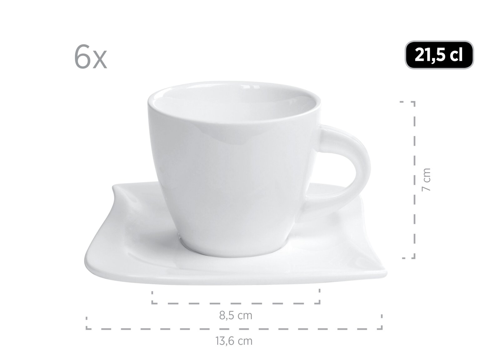 Weiße Espressotasse aus Porzellan mit passender Untertasse, 21,5 cl Fassungsvermögen, Maße ca. 7 cm hoch und 13,6 cm breit, Frontansicht leicht von oben