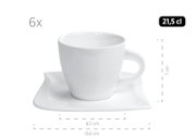 Weiße Espressotasse aus Porzellan mit passender Untertasse, 21,5 cl Fassungsvermögen, Maße ca. 7 cm hoch und 13,6 cm breit, Frontansicht leicht von oben