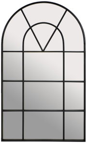 Grote, rechthoekige spiegel met een zwart metalen frame en een decoratief boogpatroon, hier van voren afgebeeld.