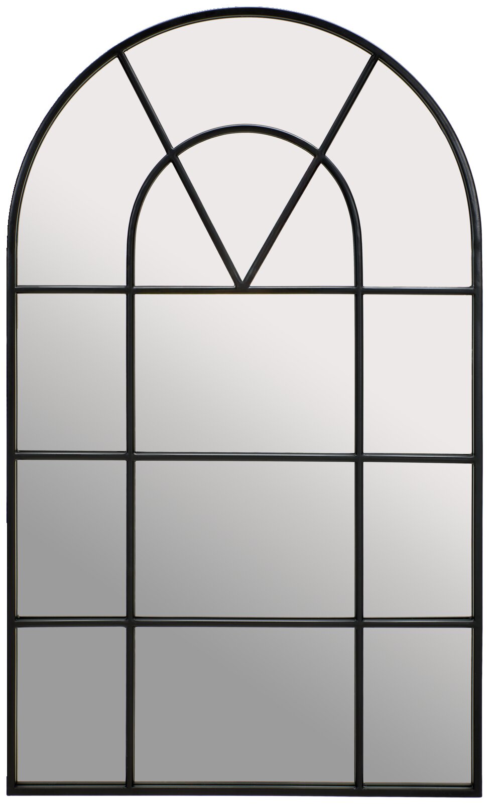 Grote, rechthoekige spiegel met een zwart metalen frame en een decoratief boogpatroon, hier van voren afgebeeld.