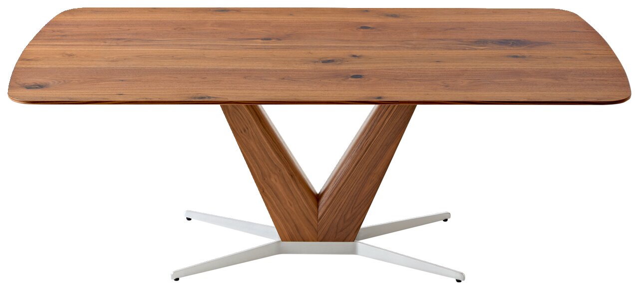 Moderner Esstisch aus Holz mit V-förmigem Gestell und Metallfuß, Frontalansicht.