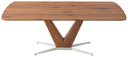 Moderner Esstisch aus Holz mit V-förmigem Gestell und Metallfuß, Frontalansicht.