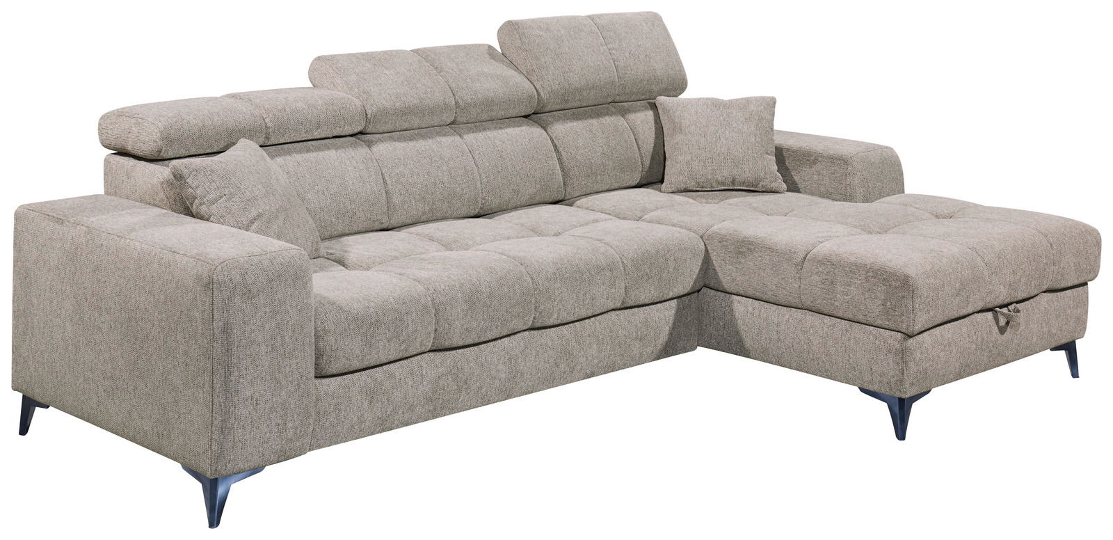 Graues Ecksofa mit verstellbaren Kopfstützen und einem Kissen, Perspektive von vorne links