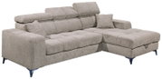Graues Ecksofa mit verstellbaren Kopfstützen und einem Kissen, Perspektive von vorne links