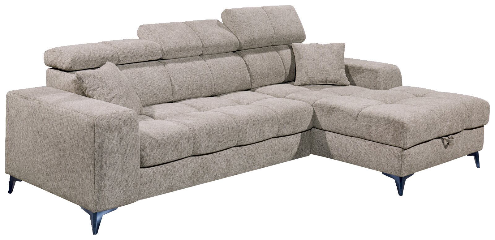 Graues Ecksofa mit verstellbaren Kopfstützen und einem Kissen, Perspektive von vorne links