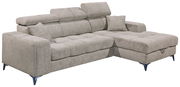 Graues Ecksofa mit verstellbaren Kopfstützen und einem Kissen, Perspektive von vorne links