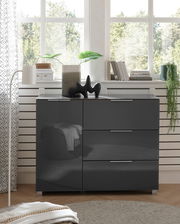 Moderne schwarze Kommode mit Hochglanzoberfläche, frontal fotografiert, dekoriert mit Pflanzen und Büchern vor einem Fenster.