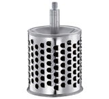 Zylindrische Trommelreibe aus Metall mit Lochmuster, seitliche Perspektive