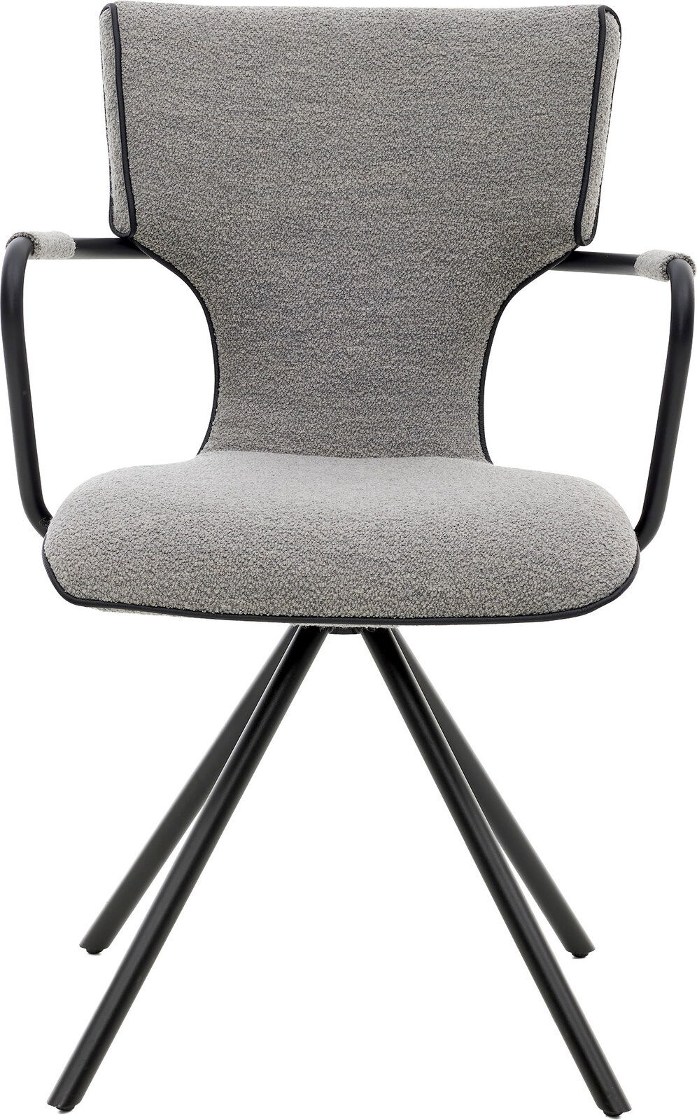 Gepolsterter Armlehnstuhl in hellgrauem Bouclé-Stoff mit schwarzem Metallgestell und Kreuzfuß, Frontansicht