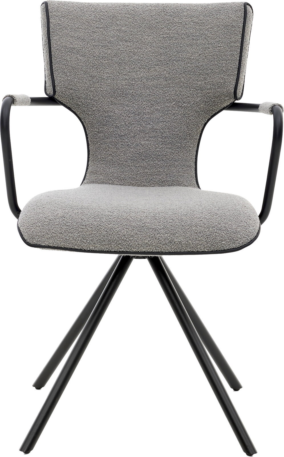 Gepolsterter Armlehnstuhl in hellgrauem Bouclé-Stoff mit schwarzem Metallgestell und Kreuzfuß, Frontansicht