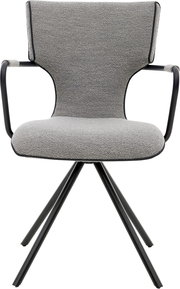 Gepolsterter Armlehnstuhl in hellgrauem Bouclé-Stoff mit schwarzem Metallgestell und Kreuzfuß, Frontansicht