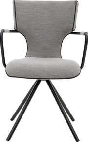 Gepolsterter Armlehnstuhl in hellgrauem Bouclé-Stoff mit schwarzem Metallgestell und Kreuzfuß, Frontansicht