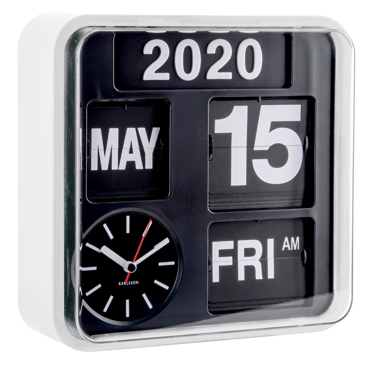 Weiße Mini Flip Wanduhr mit Datumsanzeige, Uhrzeit und Wochentag, seitliche Perspektive