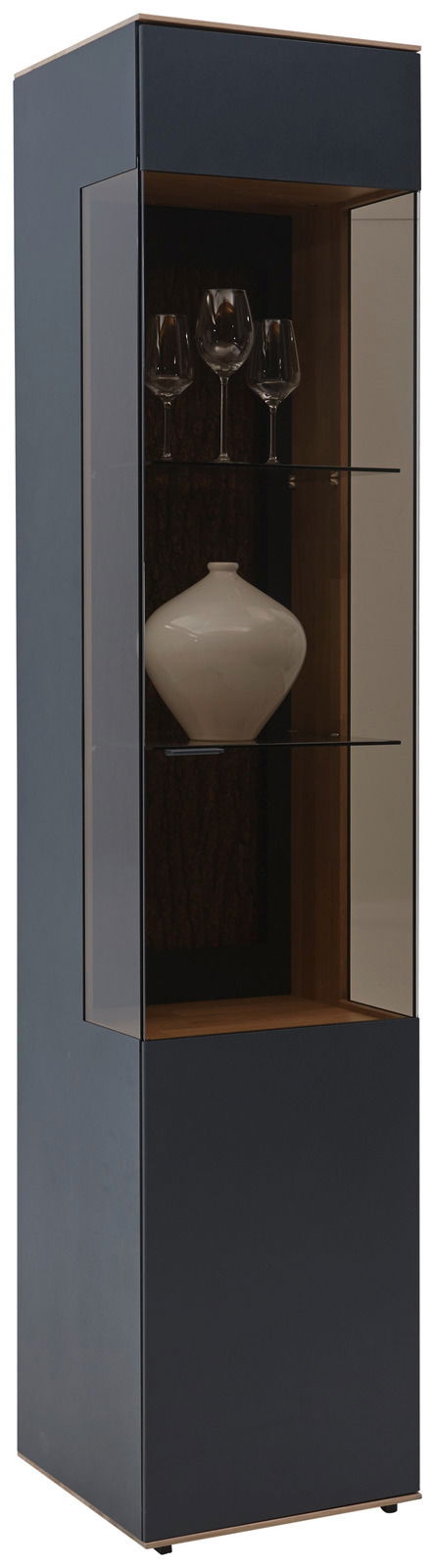 Moderne Vitrine mit Glasfront, zwei Glasböden und dekorativen Objekten, seitliche Perspektive