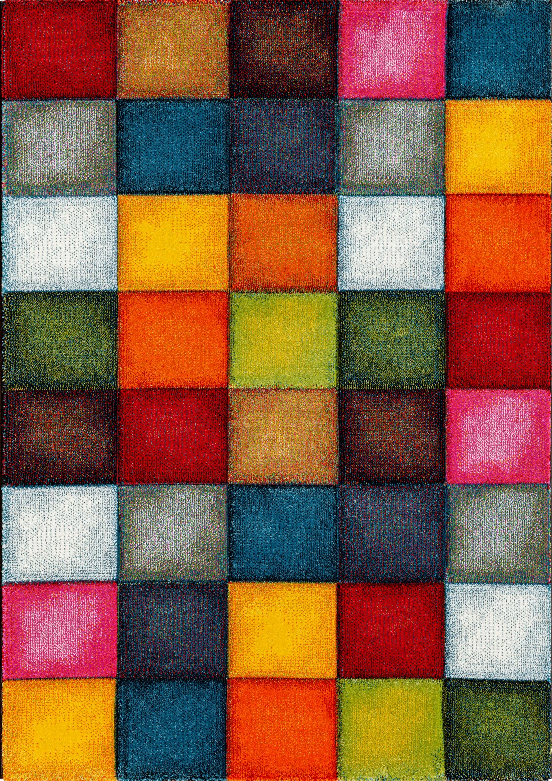 Buntes Patchwork-Design aus quadratischen Stofffeldern in Rot, Gelb, Orange, Pink, Blau, Grün und Weiß, als flache Draufsicht von oben auf die Oberfläche.