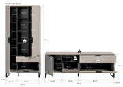 Zweiteiliges Wohnzimmermöbel-Set in Beige mit schwarzen Innenfächern und Metallfüßen: hoher Schrank (ca. 90×192×41 cm) und Lowboard (ca. 185×64×41 cm) mit geöffneten Türen/Klappen und eingezeichneten Fachmaßen, Frontansicht.