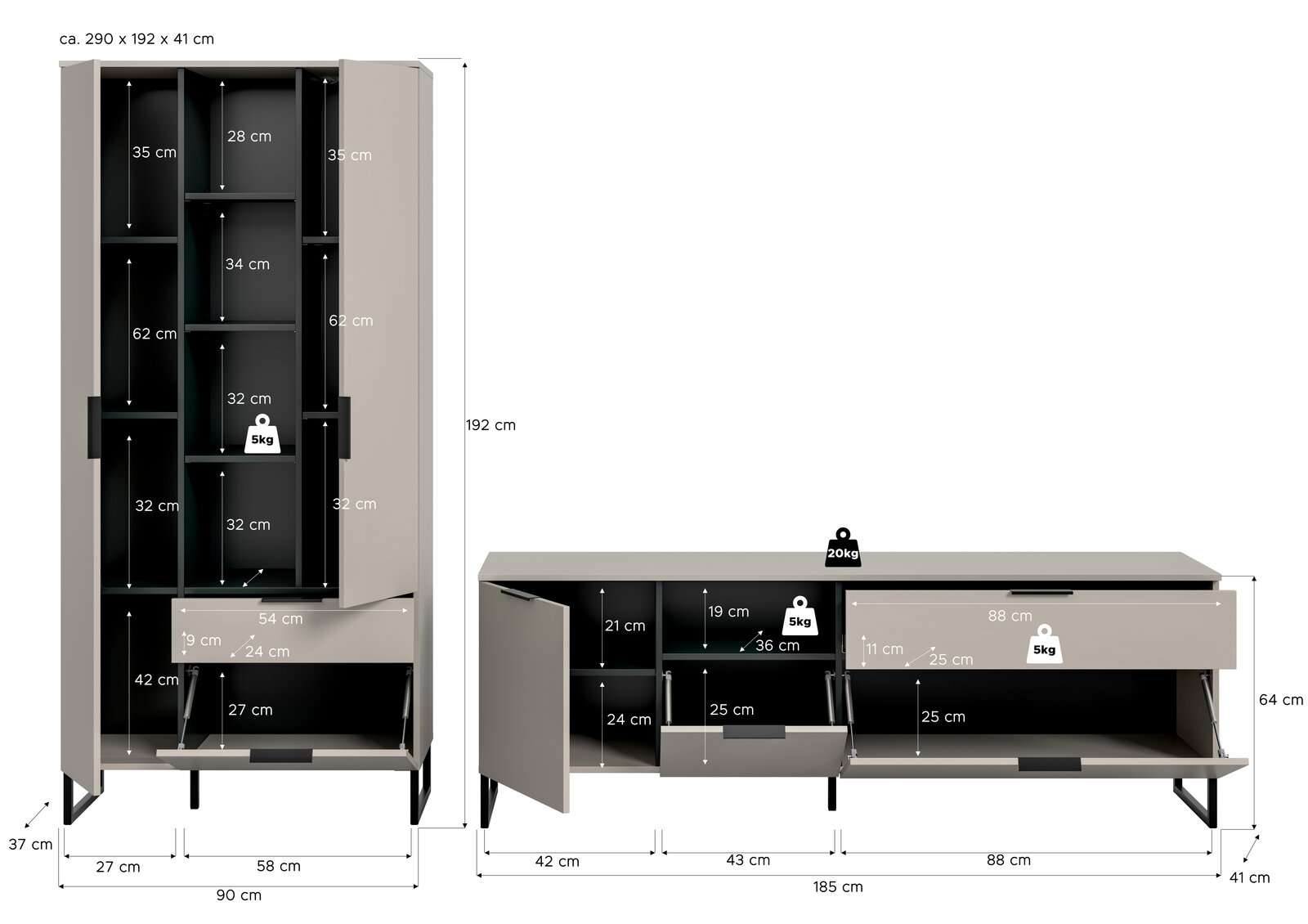 Zweiteiliges Wohnzimmermöbel-Set in Beige mit schwarzen Innenfächern und Metallfüßen: hoher Schrank (ca. 90×192×41 cm) und Lowboard (ca. 185×64×41 cm) mit geöffneten Türen/Klappen und eingezeichneten Fachmaßen, Frontansicht.