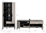 Zweiteiliges Wohnzimmermöbel-Set in Beige mit schwarzen Innenfächern und Metallfüßen: hoher Schrank (ca. 90×192×41 cm) und Lowboard (ca. 185×64×41 cm) mit geöffneten Türen/Klappen und eingezeichneten Fachmaßen, Frontansicht.