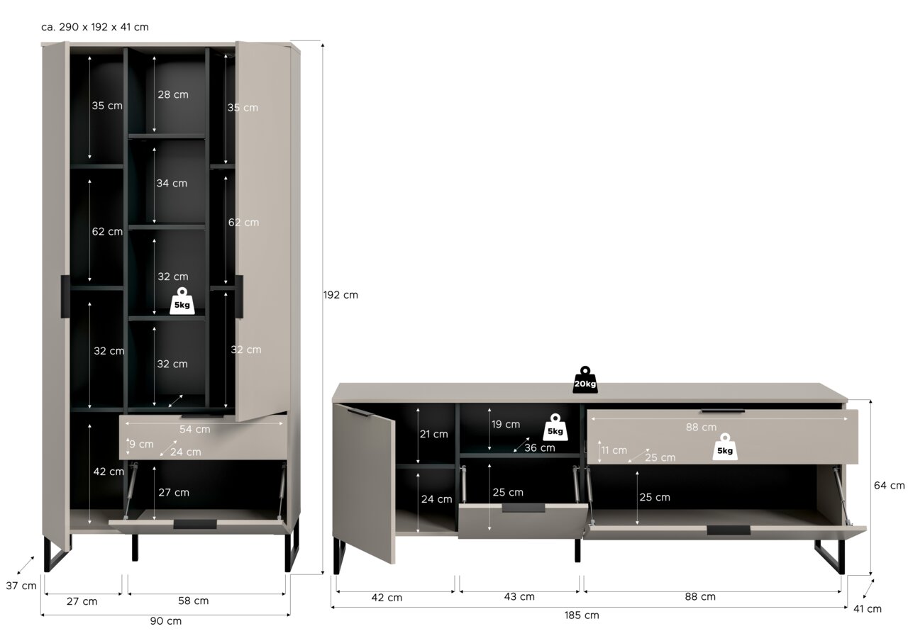 Zweiteiliges Wohnzimmermöbel-Set in Beige mit schwarzen Innenfächern und Metallfüßen: hoher Schrank (ca. 90×192×41 cm) und Lowboard (ca. 185×64×41 cm) mit geöffneten Türen/Klappen und eingezeichneten Fachmaßen, Frontansicht.
