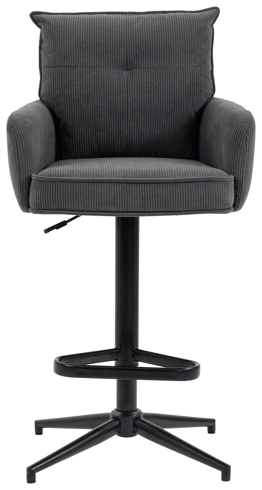 Grauer Barhocker mit gepolstertem Sitz und Rückenlehne, aus Frontalperspektive