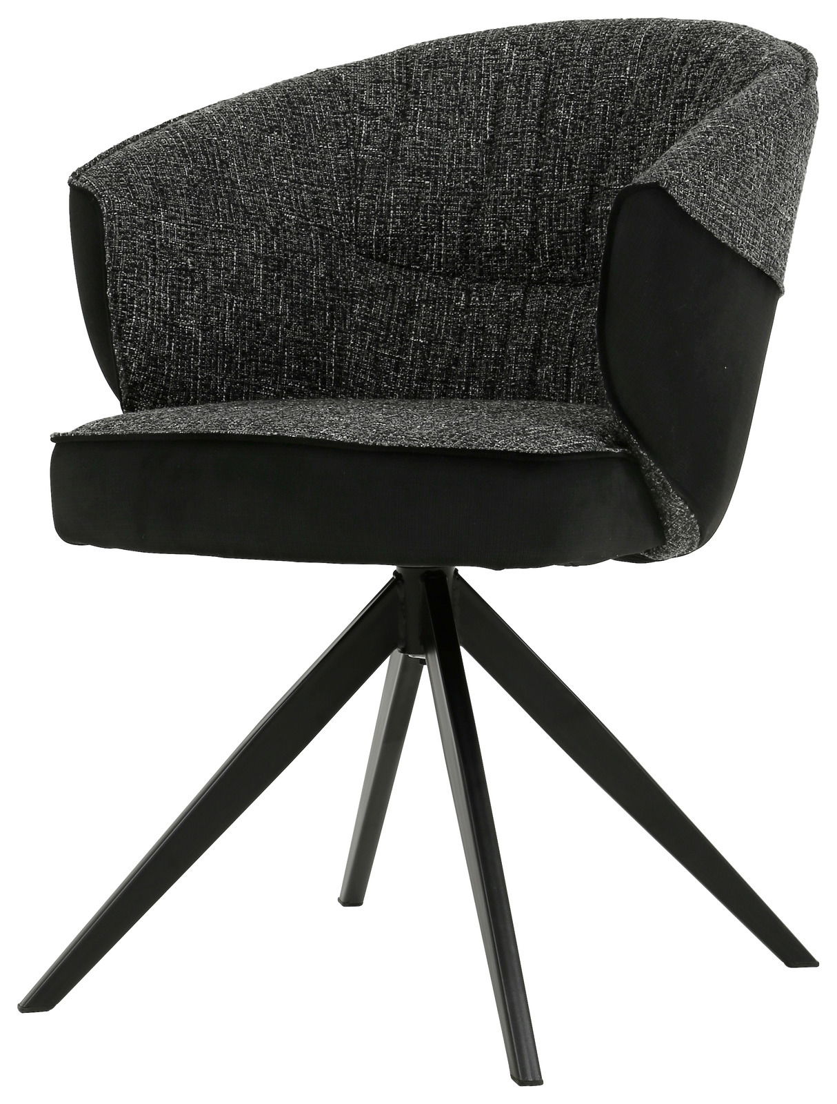 Moderner Armlehnstuhl mit schwarzem Stoffbezug und vier schwarzen Metallbeinen, seitliche Perspektive