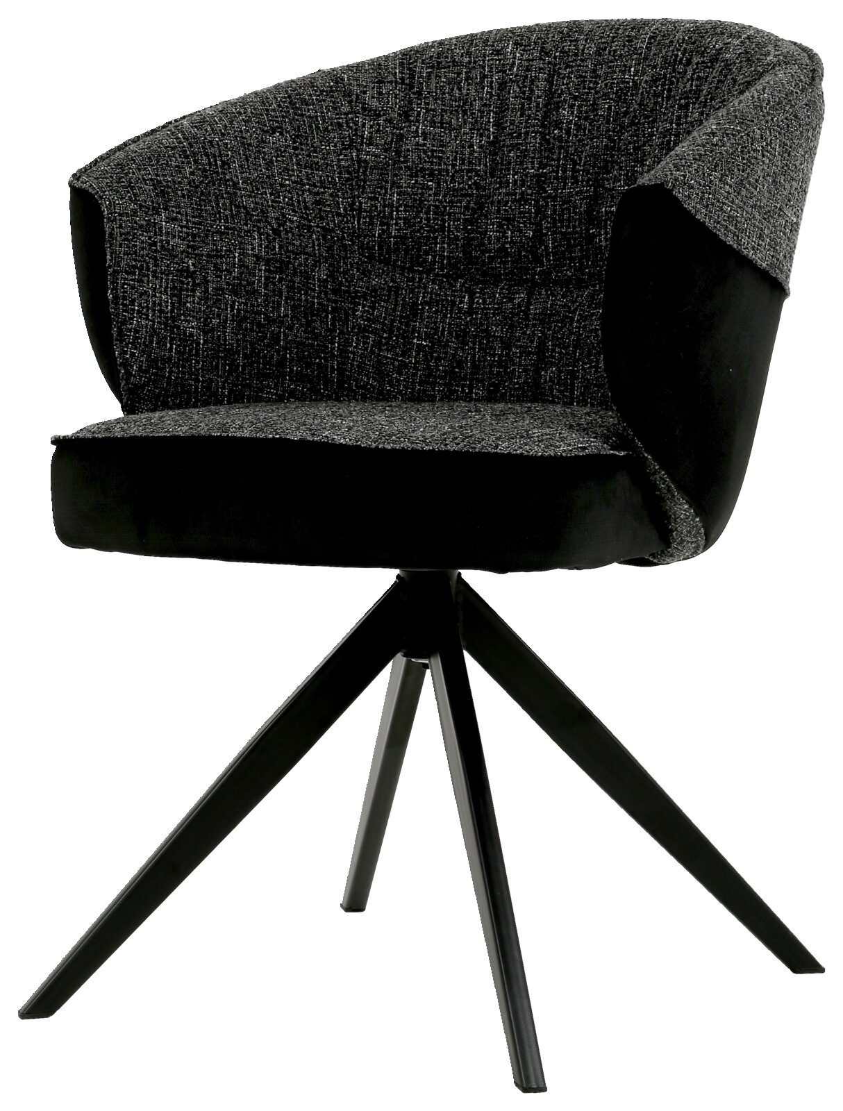 Moderne fauteuil met zwarte stoffen bekleding en vier zwarte metalen poten, zijaanzicht