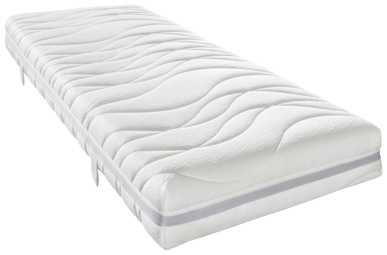Sleeptex TTFK-Matratze H3 PERFECT TOUCH T Seitliche Perspektive auf eine weiße TTFK-Matratze H3 mit wellenförmigem Muster und grauem Rand, Größe 90 x 200 cm.