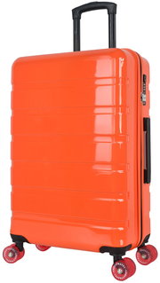 Oranger Hartschalen-Trolley mit ausziehbarem Teleskopgriff, seitlichem Tragegriff, Zahlenschloss und vier 360°-Doppelrollen, freigestellt auf weißem Hintergrund, Ansicht schräg von hinten/rechts