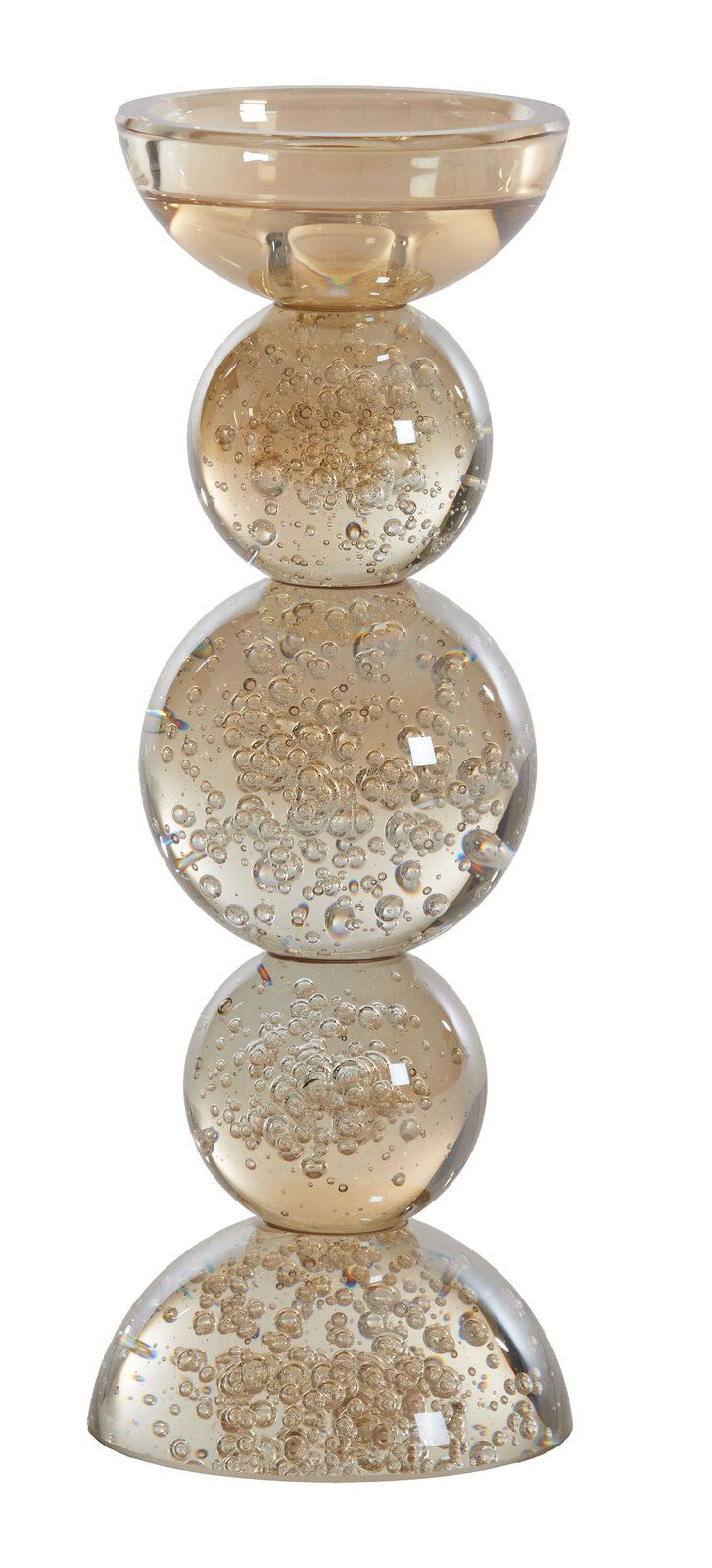 Kerzenhalter aus Glas mit mehreren kugelförmigen Elementen und eingeschlossenen Luftblasen, seitliche Perspektive.