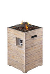 Moderner Gaskamin mit Holzoptik, quadratischer Form und sichtbarer Flamme, seitliche Perspektive