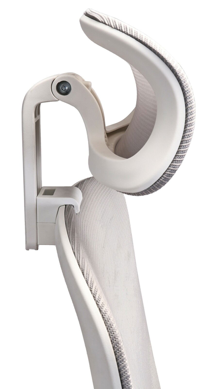 Seitliche Nahaufnahme eines weißen Drehstuhls mit ergonomischer Rückenlehne und Armlehne.