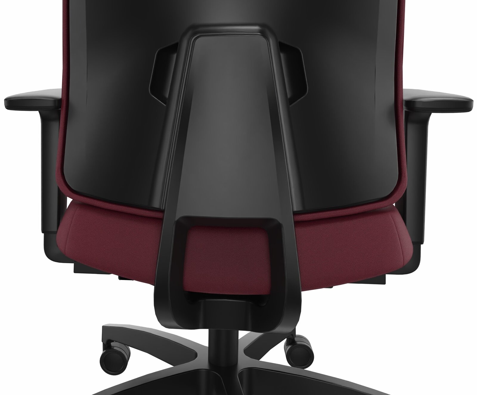 Rückansicht eines modernen Drehstuhls mit schwarzer Rückenlehne und weinrotem Sitzpolster, Armlehnen und Rollen.
