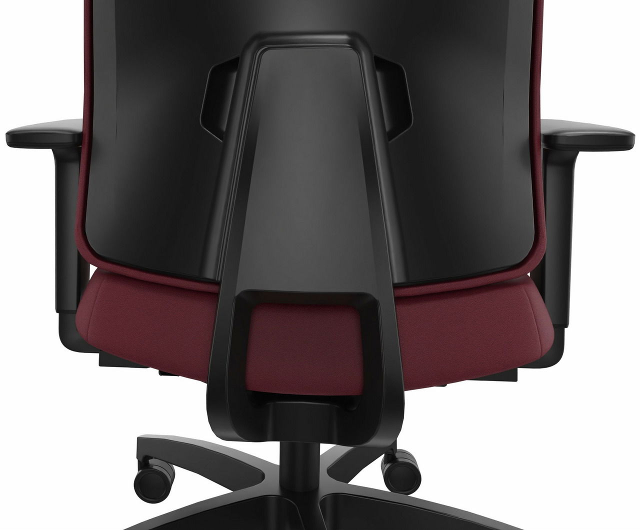 Rückansicht eines modernen Drehstuhls mit schwarzer Rückenlehne und weinrotem Sitzpolster, Armlehnen und Rollen.