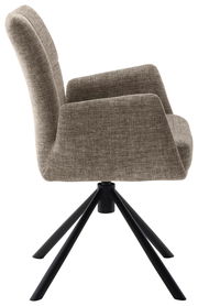 Seitenansicht eines modernen Sessels mit grauem Stoffbezug und schwarzem Metallgestell.