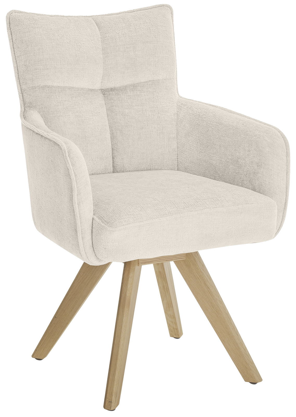 Beiger Armlehnstuhl mit Holzbeinen, seitliche Perspektive