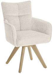 Beiger Armlehnstuhl mit Holzbeinen, seitliche Perspektive