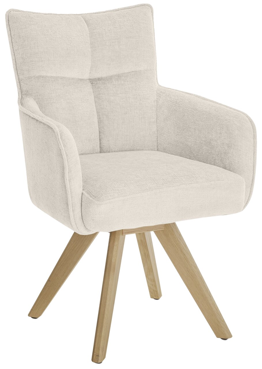 Beiger Armlehnstuhl mit Holzbeinen, seitliche Perspektive