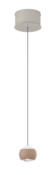 Moderne Pendelleuchte mit rundem, zweifarbigem Lampenschirm und schwarzem Kabel, seitliche Perspektive