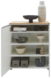 Kommode mit geöffneter Tür, zeigt dekorative Gegenstände und Bücher auf den Regalböden, Perspektive von vorne