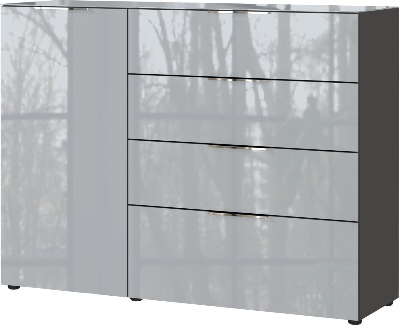 Novel Dressoir OAKLAND Modernes Sideboard mit Hochglanzoberfläche, vier Schubladen und einer Tür, seitliche Perspektive
