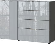 Modernes Sideboard mit Hochglanzoberfläche, vier Schubladen und einer Tür, seitliche Perspektive