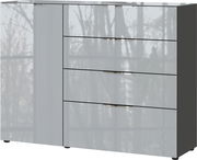 Modernes Sideboard mit Hochglanzoberfläche, vier Schubladen und einer Tür, seitliche Perspektive