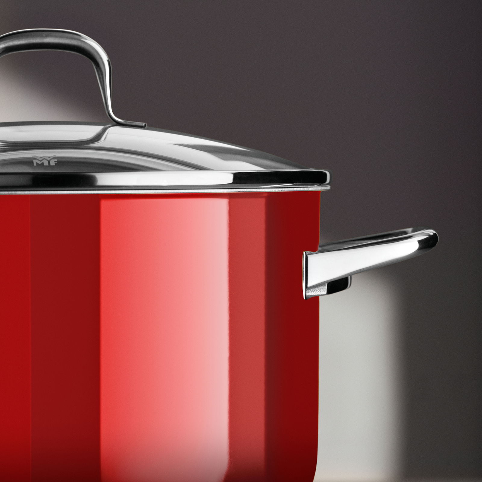 Roter Kochtopf mit glänzendem Deckel und Griffen, seitliche Perspektive