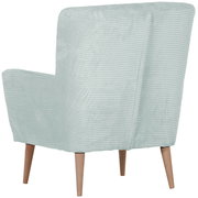 Hellgrauer, gerippter Polstersessel mit hohen Armlehnen und Holzbeinen, Ansicht von hinten leicht seitlich vor weißem Hintergrund