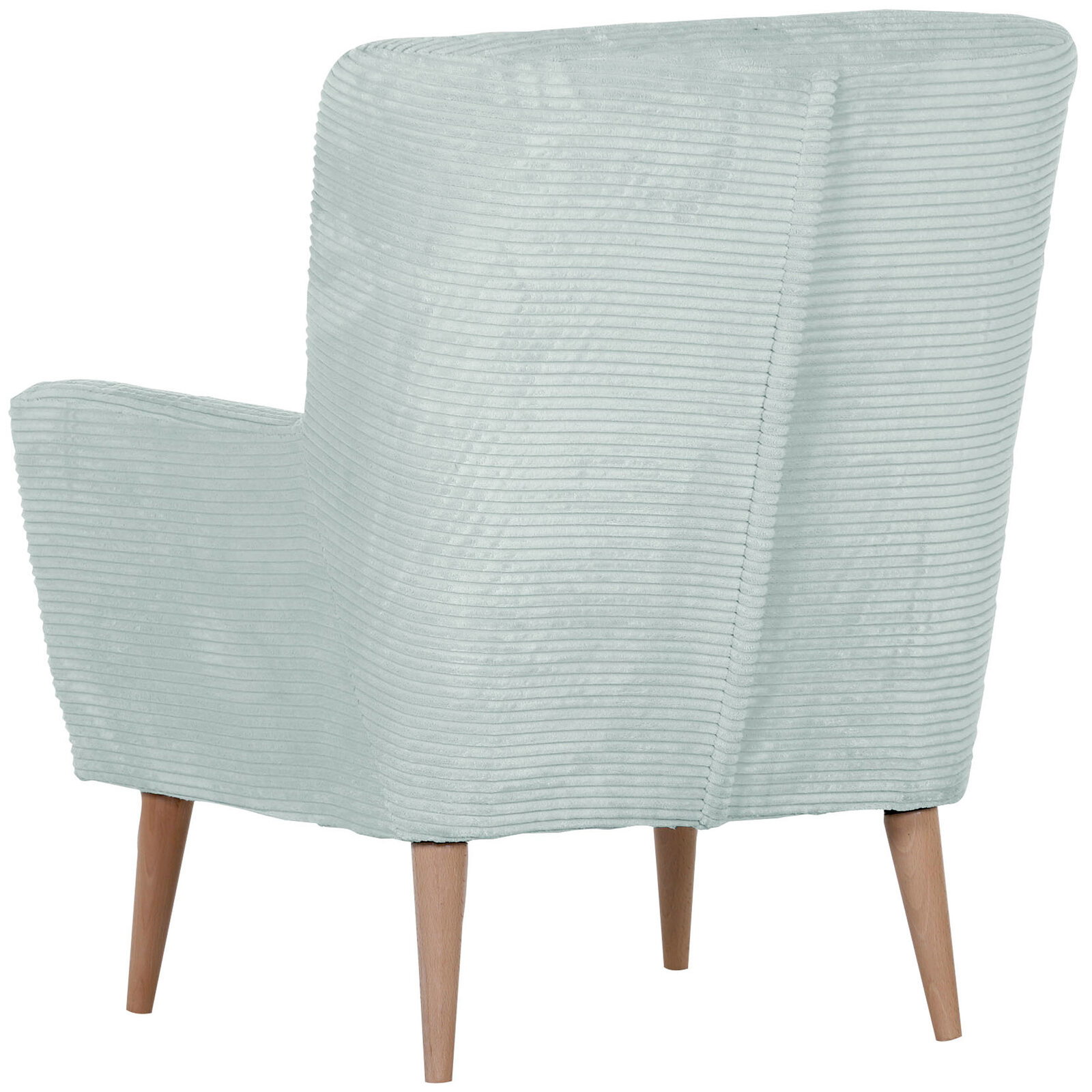 Hellgrauer, gerippter Polstersessel mit hohen Armlehnen und Holzbeinen, Ansicht von hinten leicht seitlich vor weißem Hintergrund