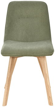 Moderner Stuhl mit grünem Stoffbezug und Holzbeinen, Frontalansicht