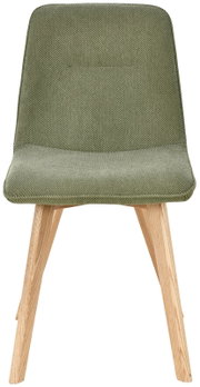Moderner Stuhl mit grünem Stoffbezug und Holzbeinen, Frontalansicht
