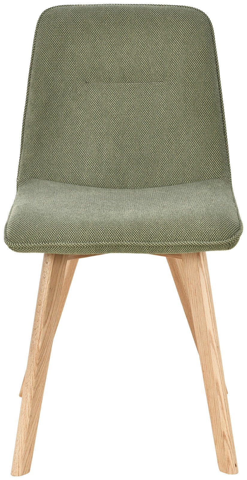 Moderner Stuhl mit grünem Stoffbezug und Holzbeinen, Frontalansicht