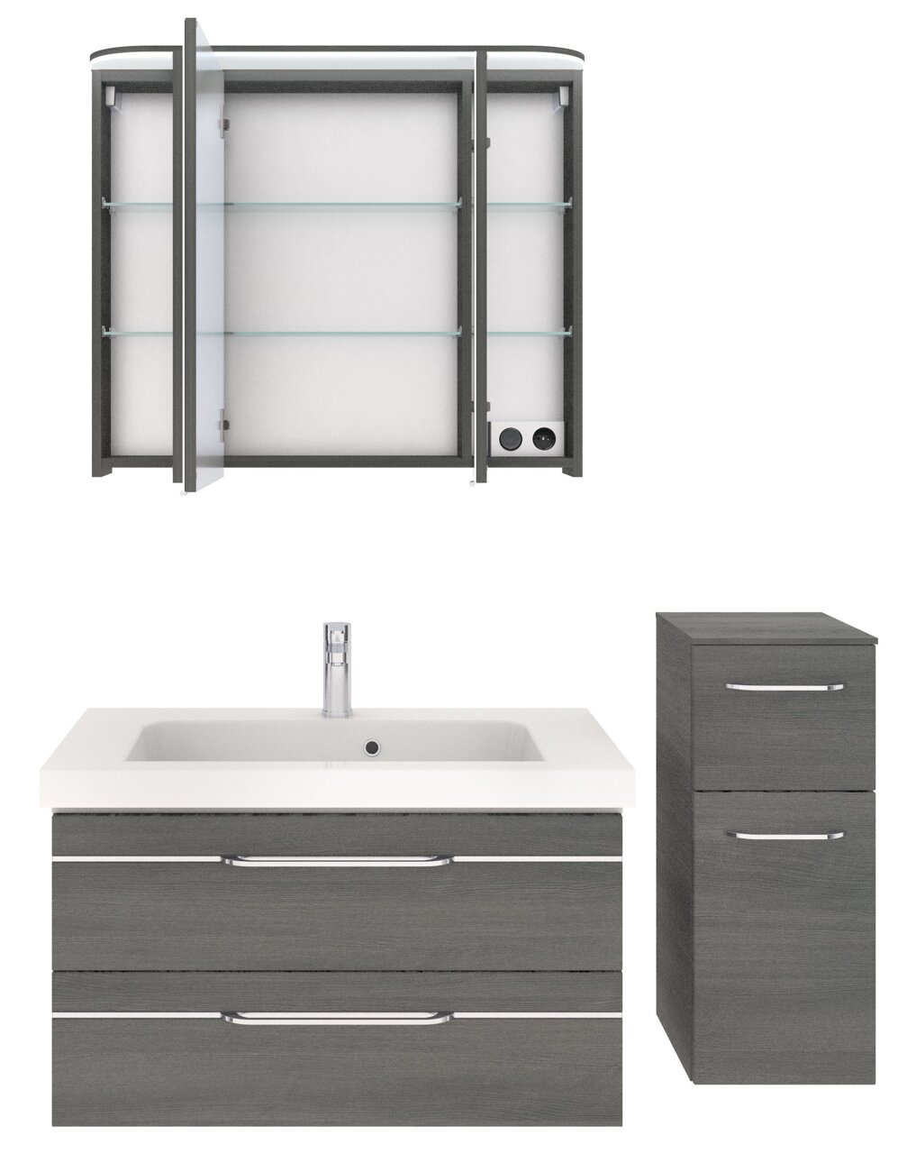 Badblock-Set bestehend aus einem Spiegelschrank mit offenen Türen, einem Waschbeckenunterschrank mit Waschbecken und einem hohen Seitenschrank, frontal abgebildet.